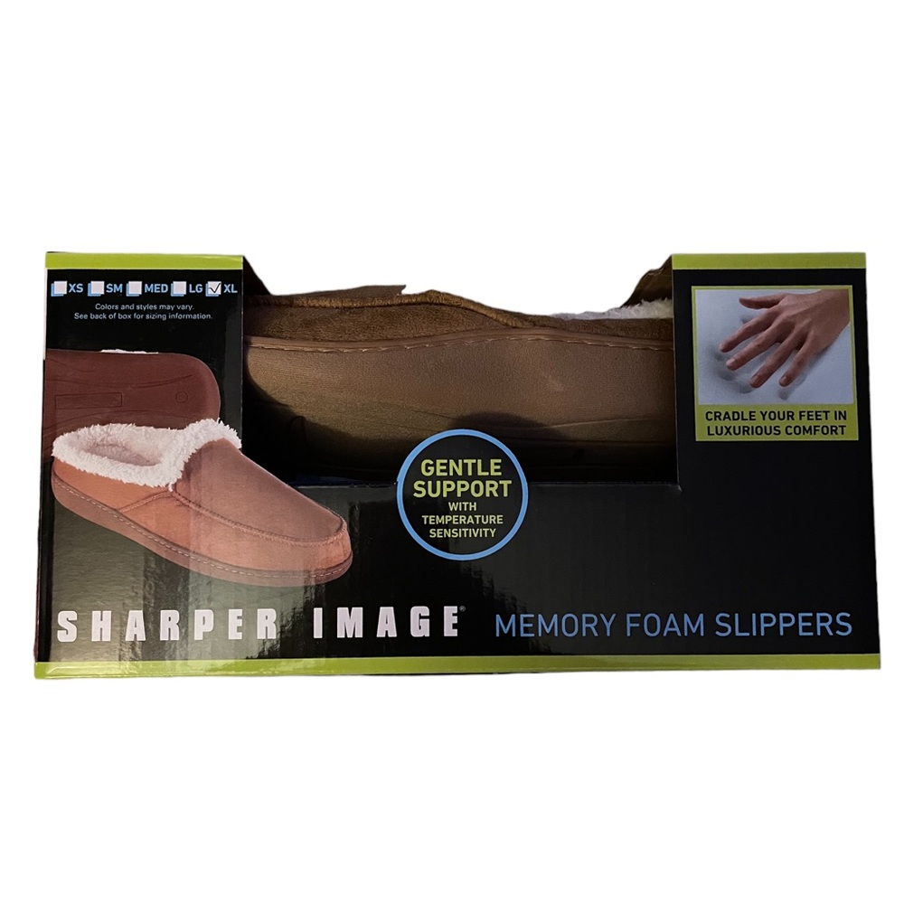 Sharper Image Men's Memory Foam Slippers in Brown with White Lining